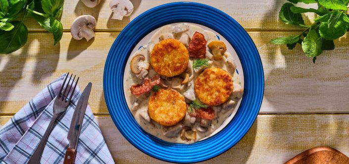 AVIKO Rösti Rondjes Naturel šampinjoni-bešamellkastmega (ciulama de ciuperci) ja krõbeda peekoniga